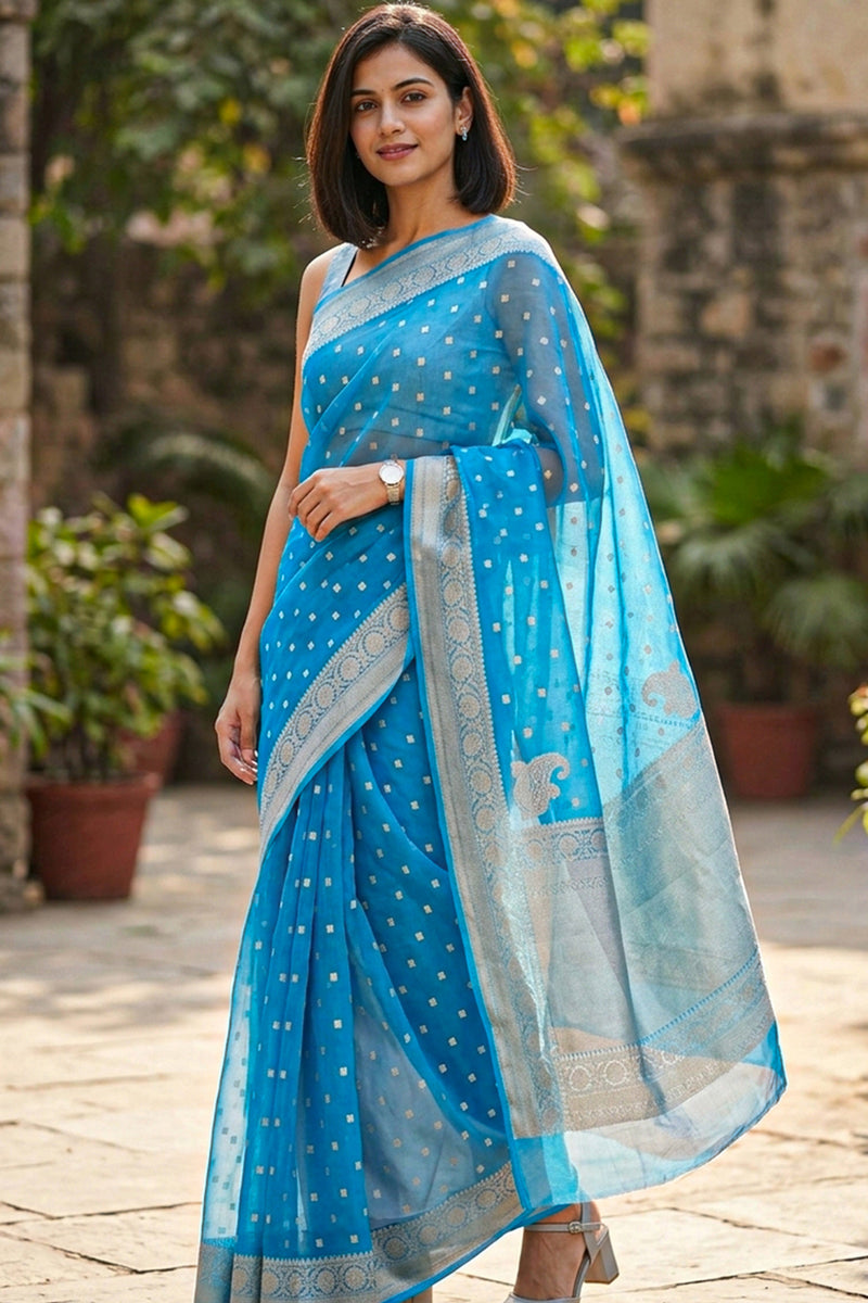 Copper Sulphate Blue Banarasi Organza Saree 10063847