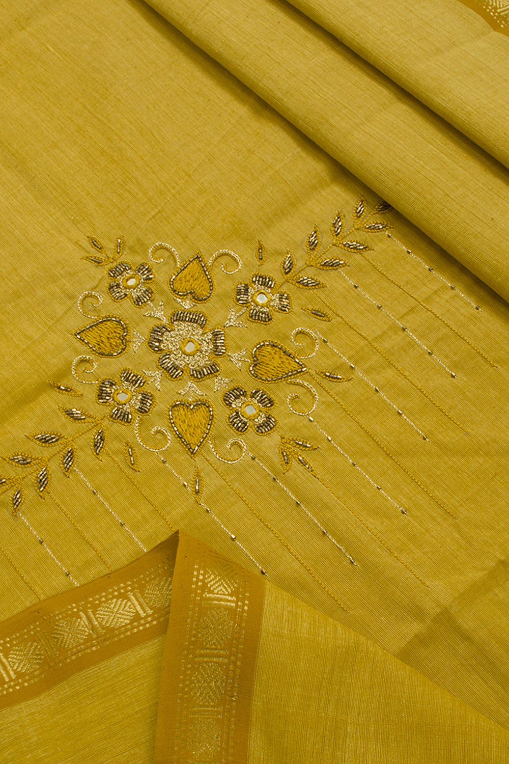 Brass Yellow Aari Embroidered Mangalgiri Cotton Blouse Material 10062435