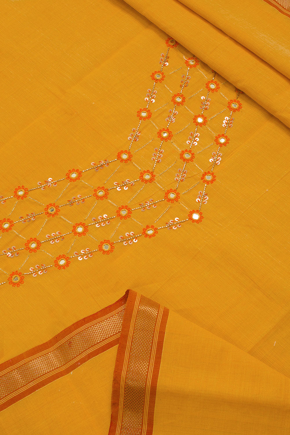 Mango Yellow Aari Embroidered Mangalgiri Cotton Blouse Material 10062436