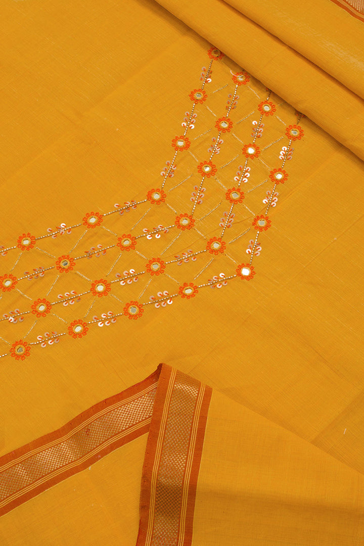 Mango Yellow Aari Embroidered Mangalgiri Cotton Blouse Material 10062436