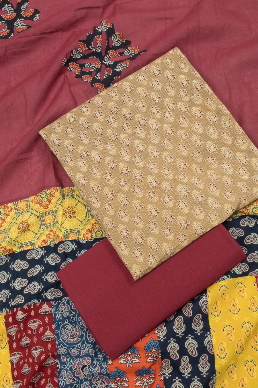 Beige Barmer Cotton Patchwork 3 Piece Salwar Suit Material