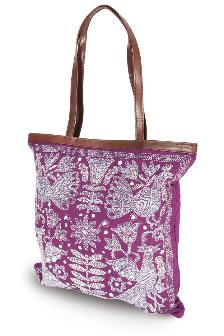 Purple Kantha Embroidery Tote Bag 10063530