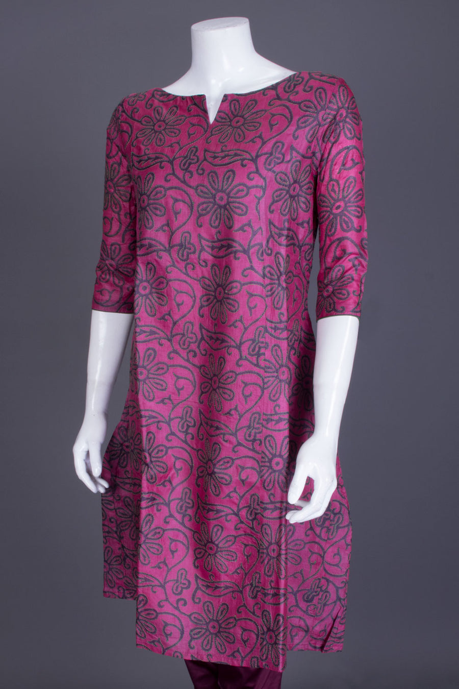 Pink Kantha Embroidered Tussar Silk Kurta  - Avishya