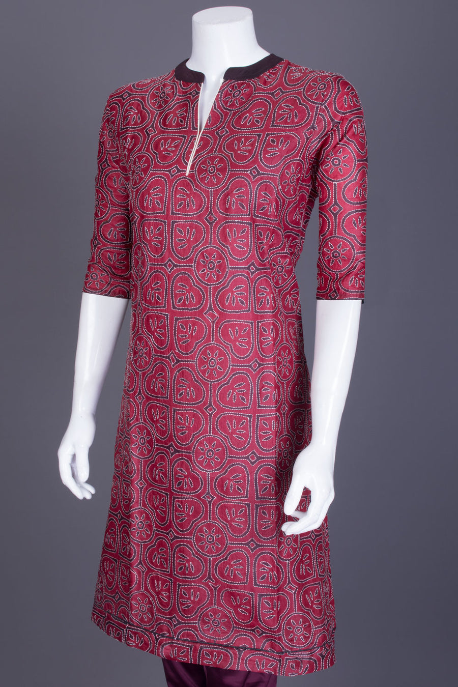 Maroon Kantha Embroidered Tussar Silk Kurta - Avishya