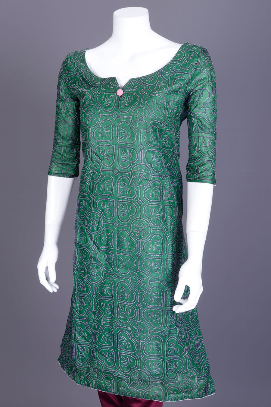 Green Kantha Embroidered Tussar Silk Kurta  - Avishya