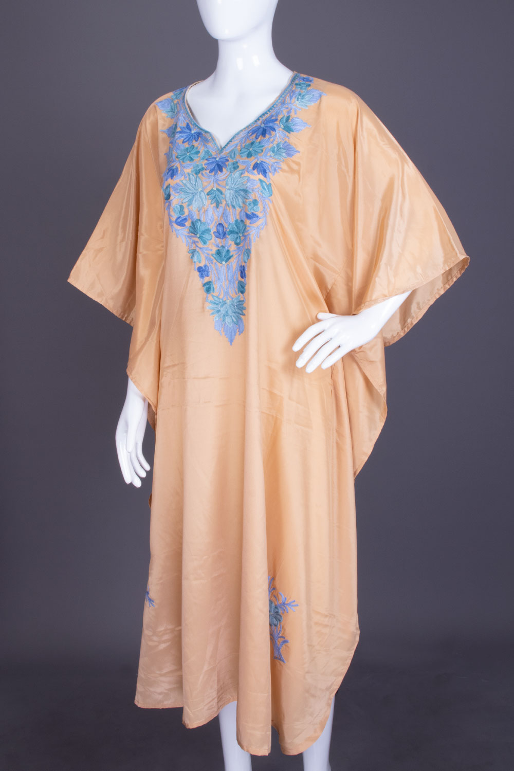 Beige Sozni Embroidered Crepe Silk Kaftan - Avishya