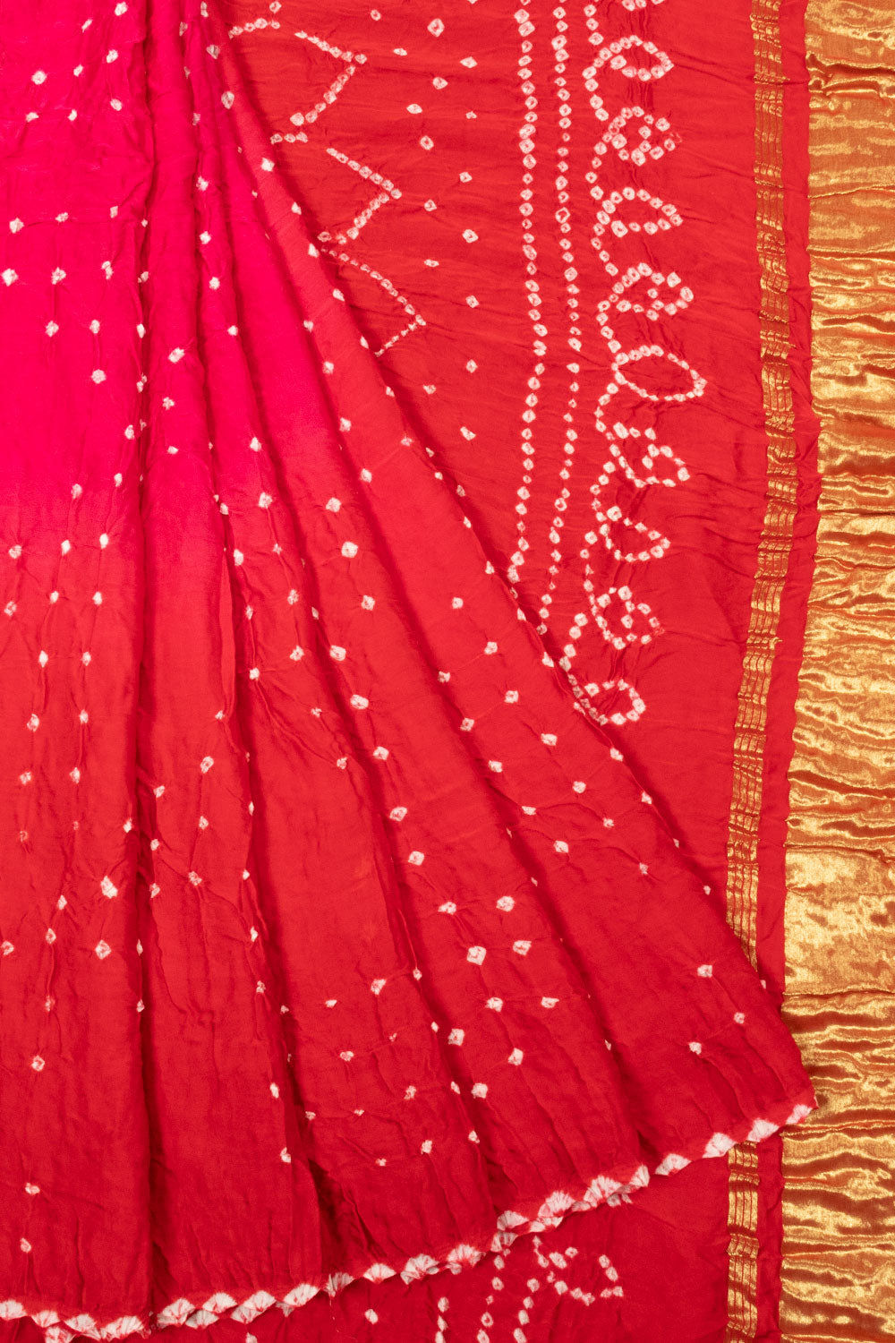 Red Silk Batik Bandhani Pattern Saree With Contrast Blouse & Tassels main image 0