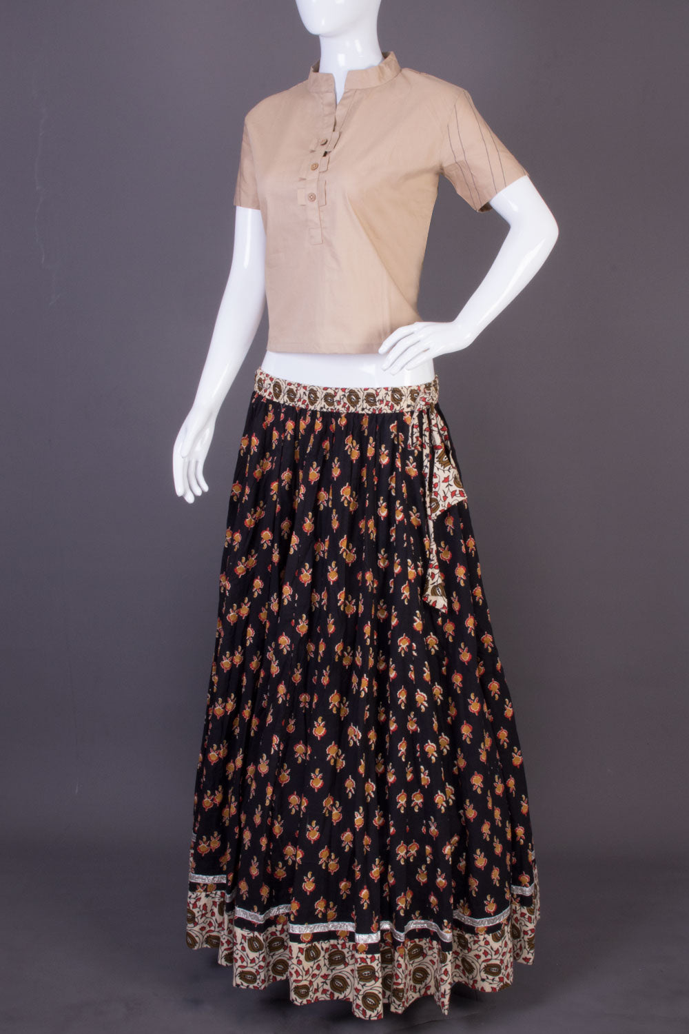 Black Hand Block Printed Cotton Skirt 10065543(Size-36 to 40)-Avishya