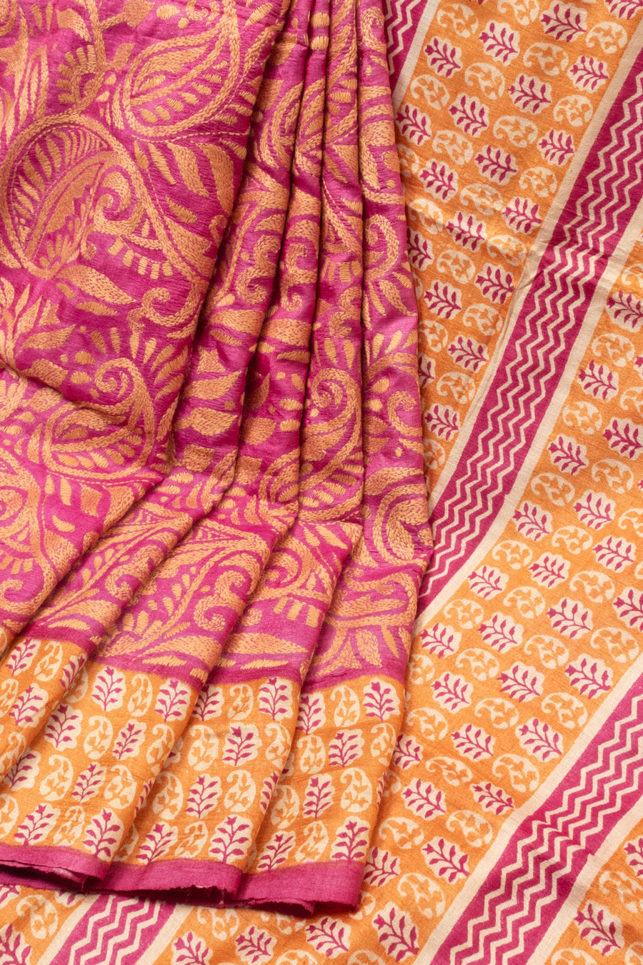 Pink Kantha Embroidered Tussar Silk Saree - Avishya