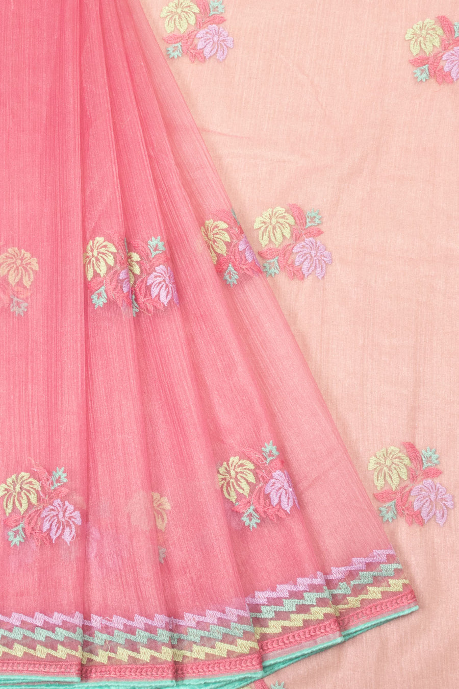 Pink Hand Embroidered Chinon Silk Saree - Avishya