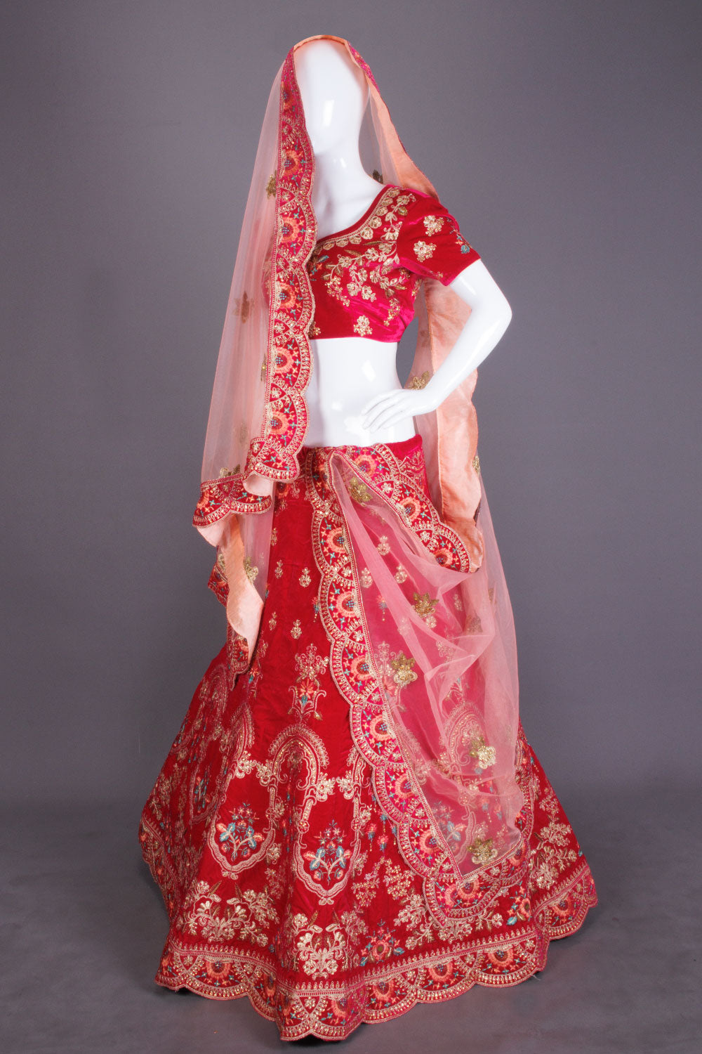 Red Shot Pink Net Silk Embroidered Lehenga 10066162 - Avishya
