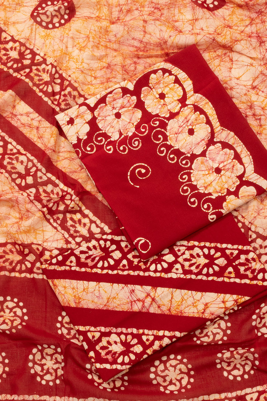 Red Batik Cotton 3-Piece Salwar Suit Material - Avishya