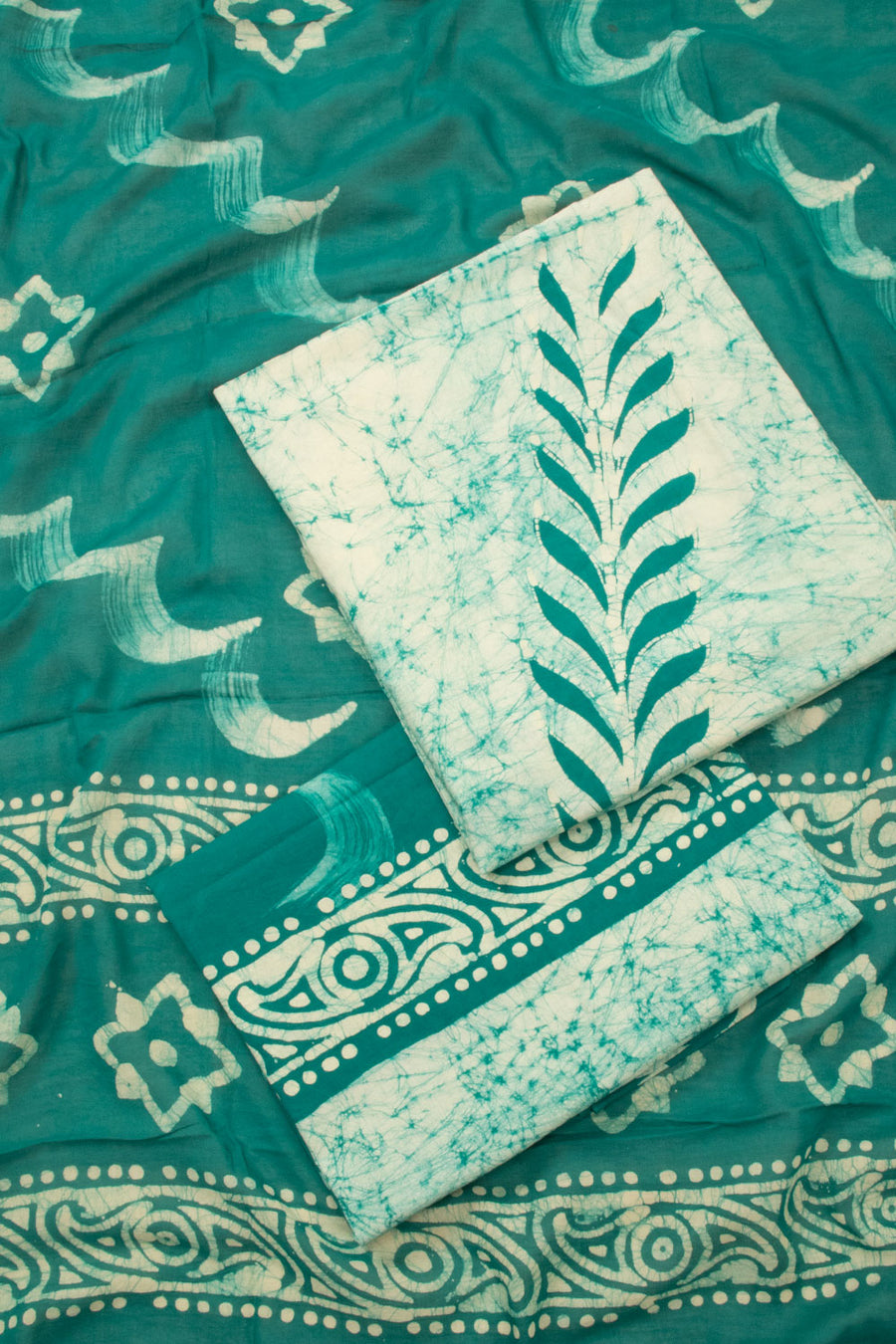 Teal Blue Batik Cotton 3-Piece Salwar Suit Material - Avishya