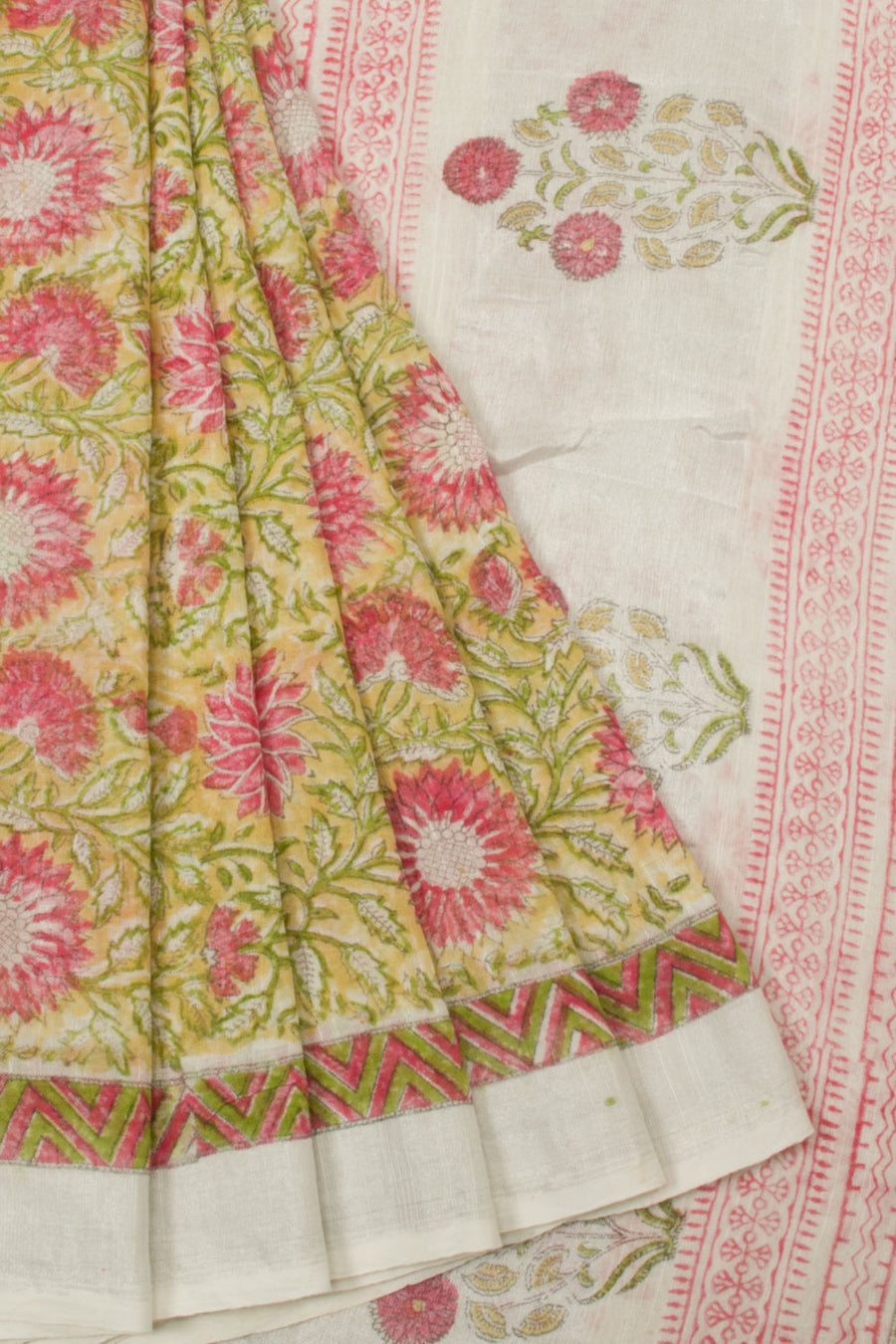 Green Hand Block Printed linen saree - Avishya