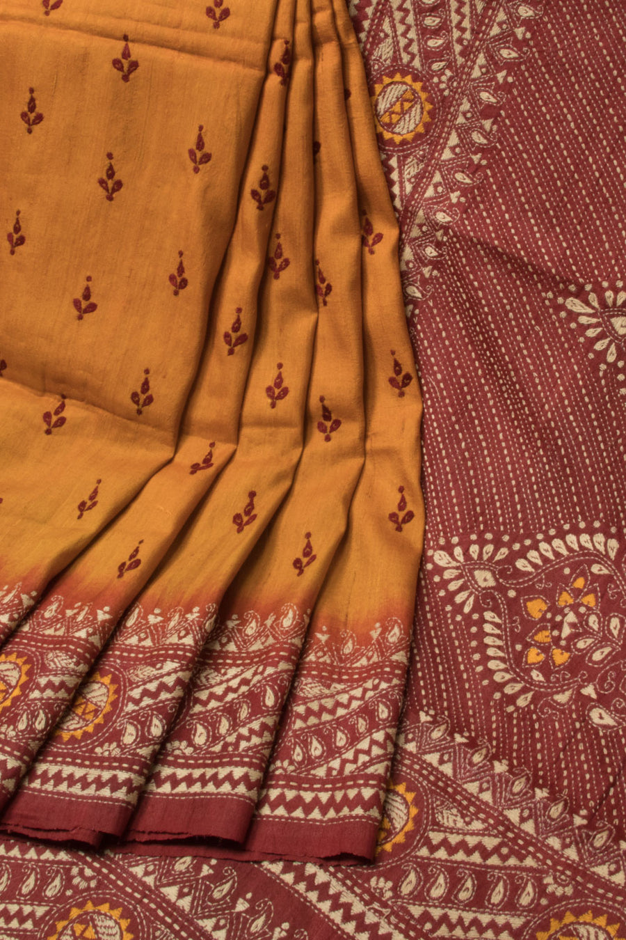 Mustard Brown Kantha Embroidered Tussar Silk Saree  - Avishya