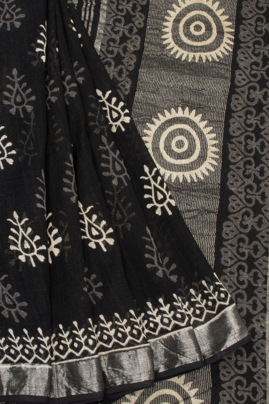 Black Hand Block Printed linen saree-Avishya