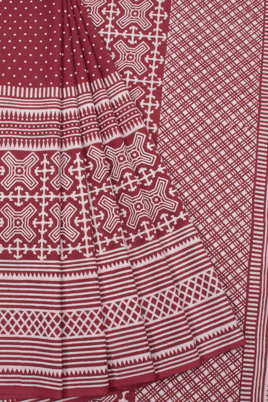 Maroon Hand Block Printed Mulmul Cotton Saree - Avishya