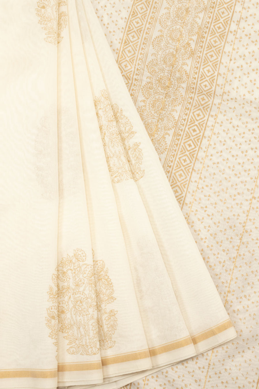 Off White Hand Block Printed Chanderi Silk Cotton Saree - Avishya