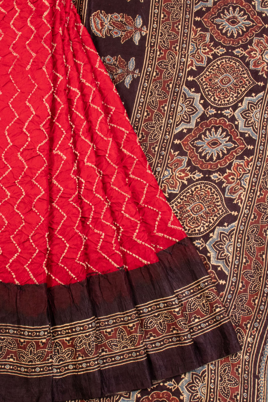Red Handcrafted Ajrakh Printed Bandhani Gajji Silk Saree - Avishya