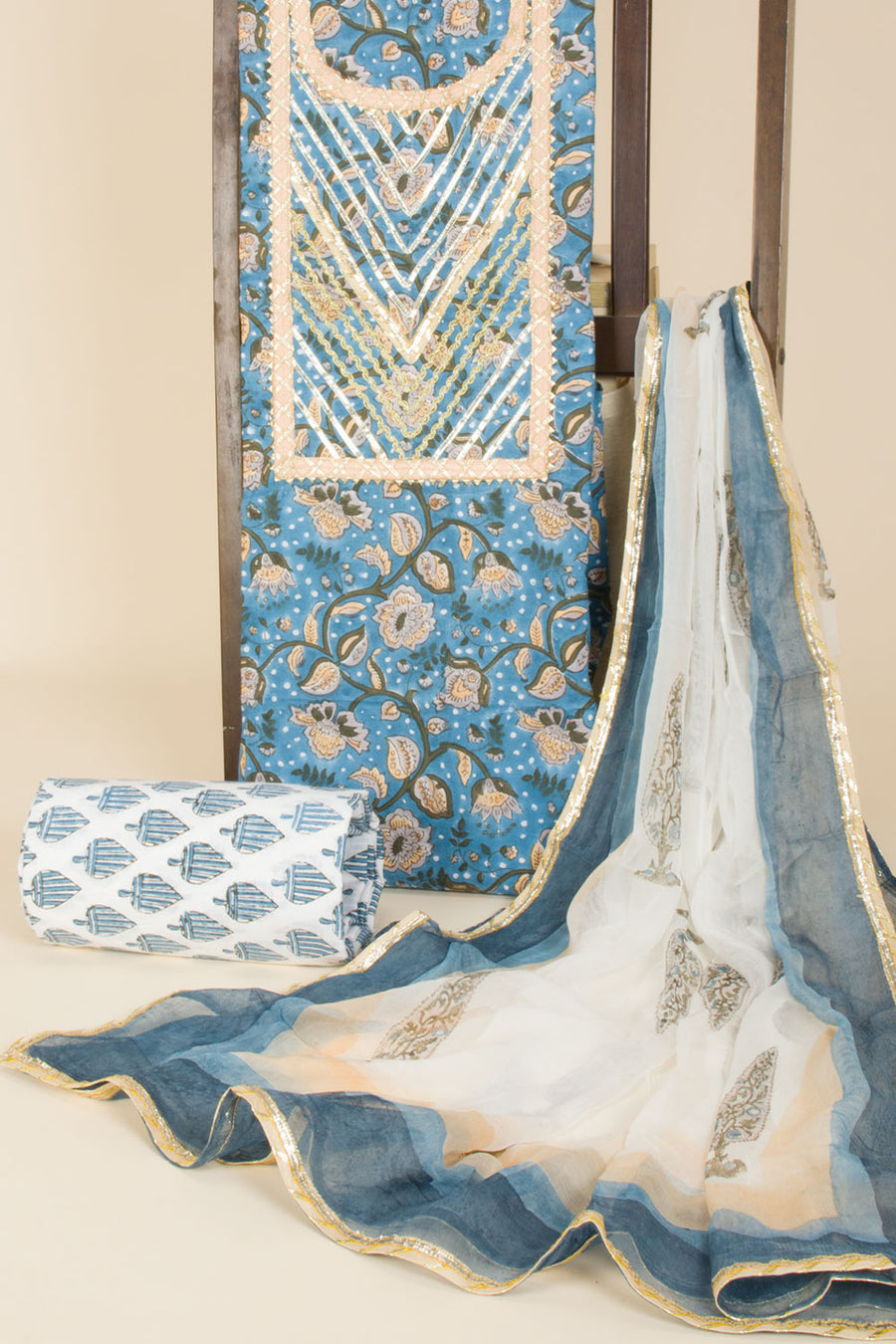 Blue Hand Block Printed Cotton 3-Piece Salwar Suit Material -Avishya
