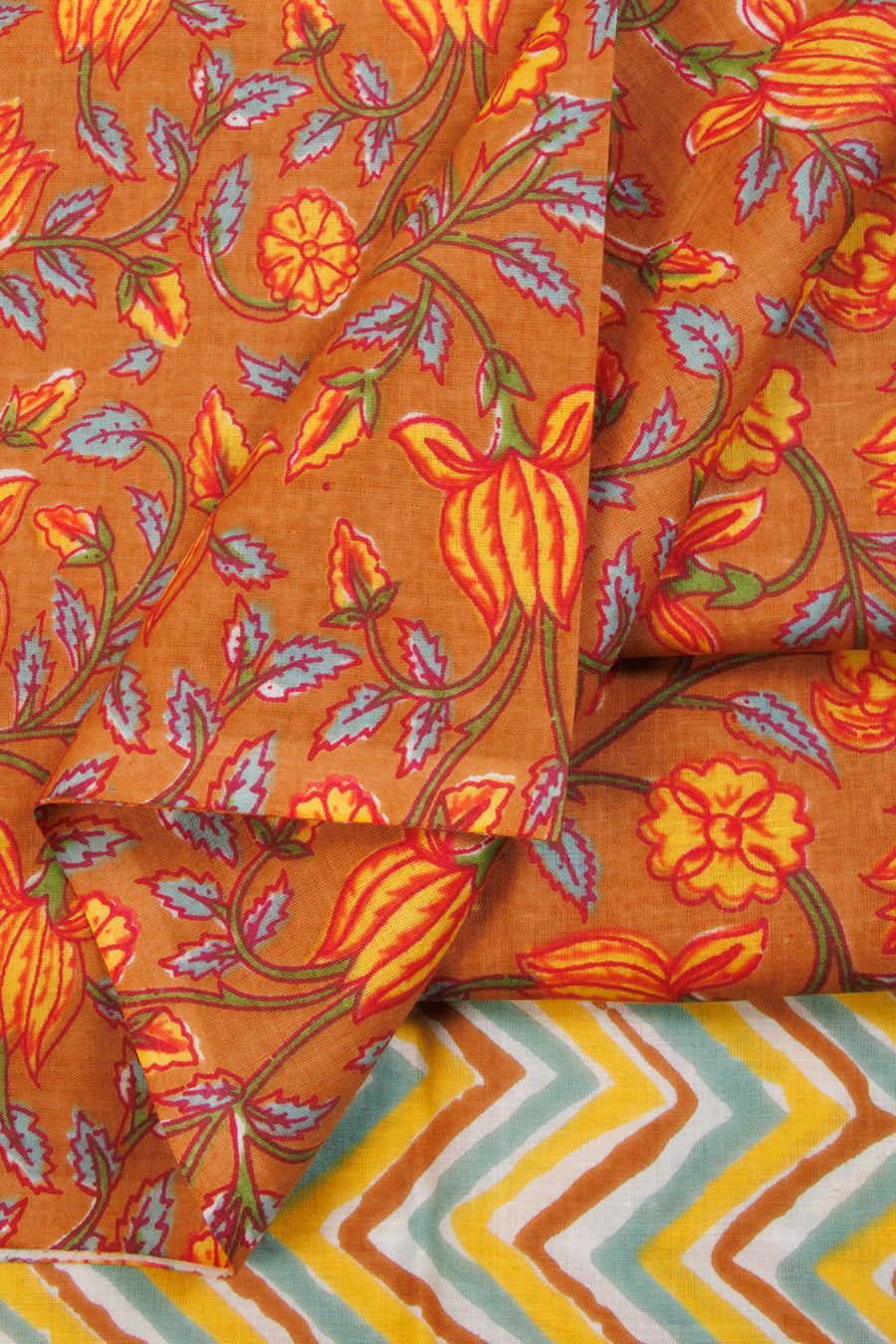 Orange 2-Piece Hand Block Printed Cotton Salwar Suit Material - Avishya