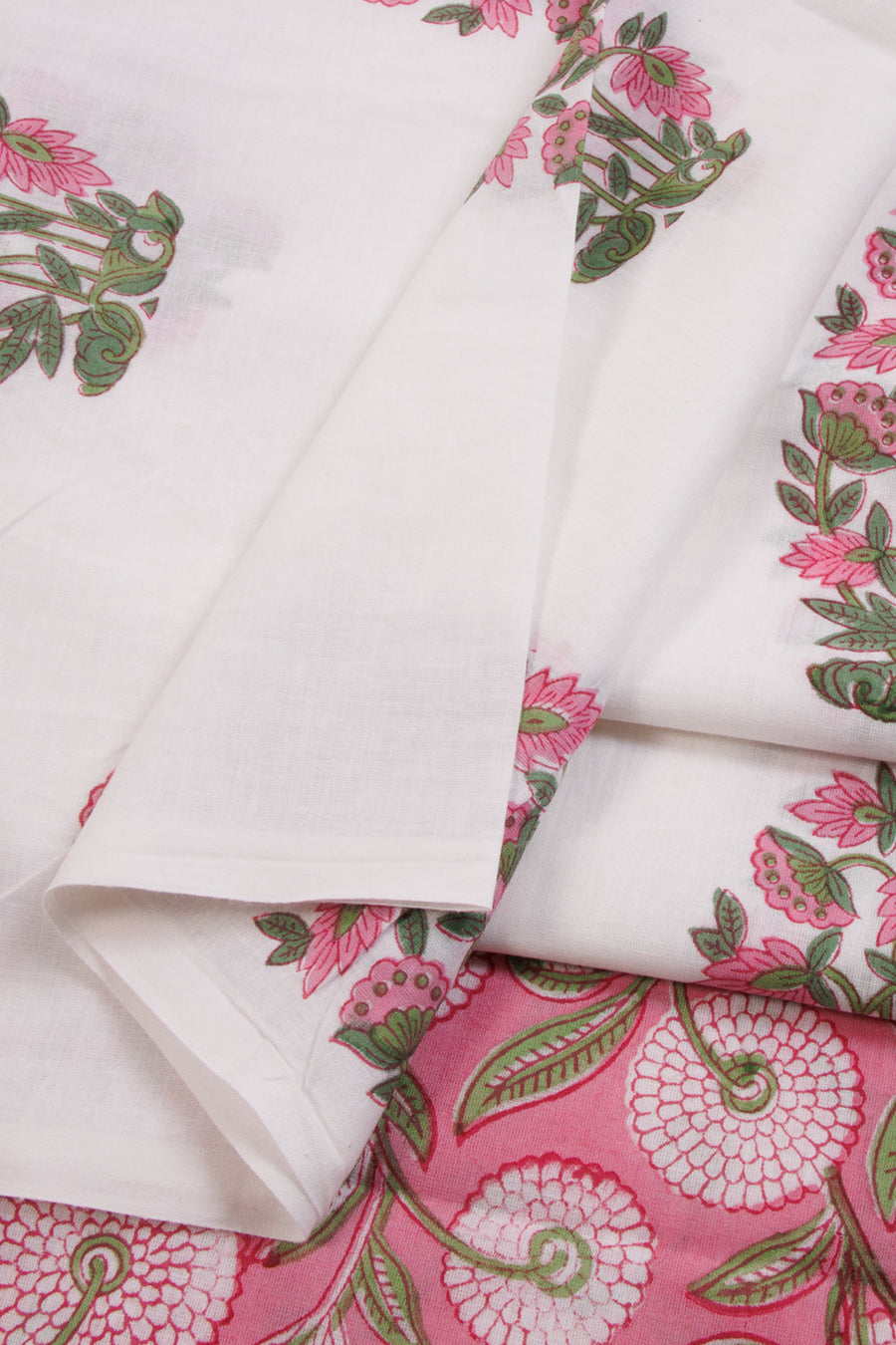 White 2-Piece Hand Block Printed Cotton Salwar Suit Material - Avishya