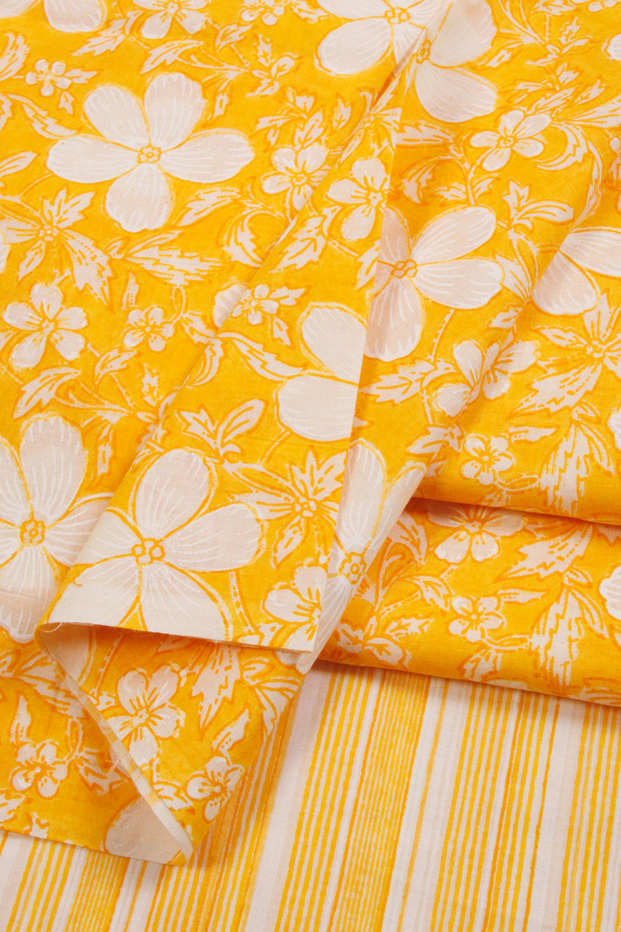 Yellow 2-Piece Hand Block Printed Cotton Salwar Suit Material  - Avishya