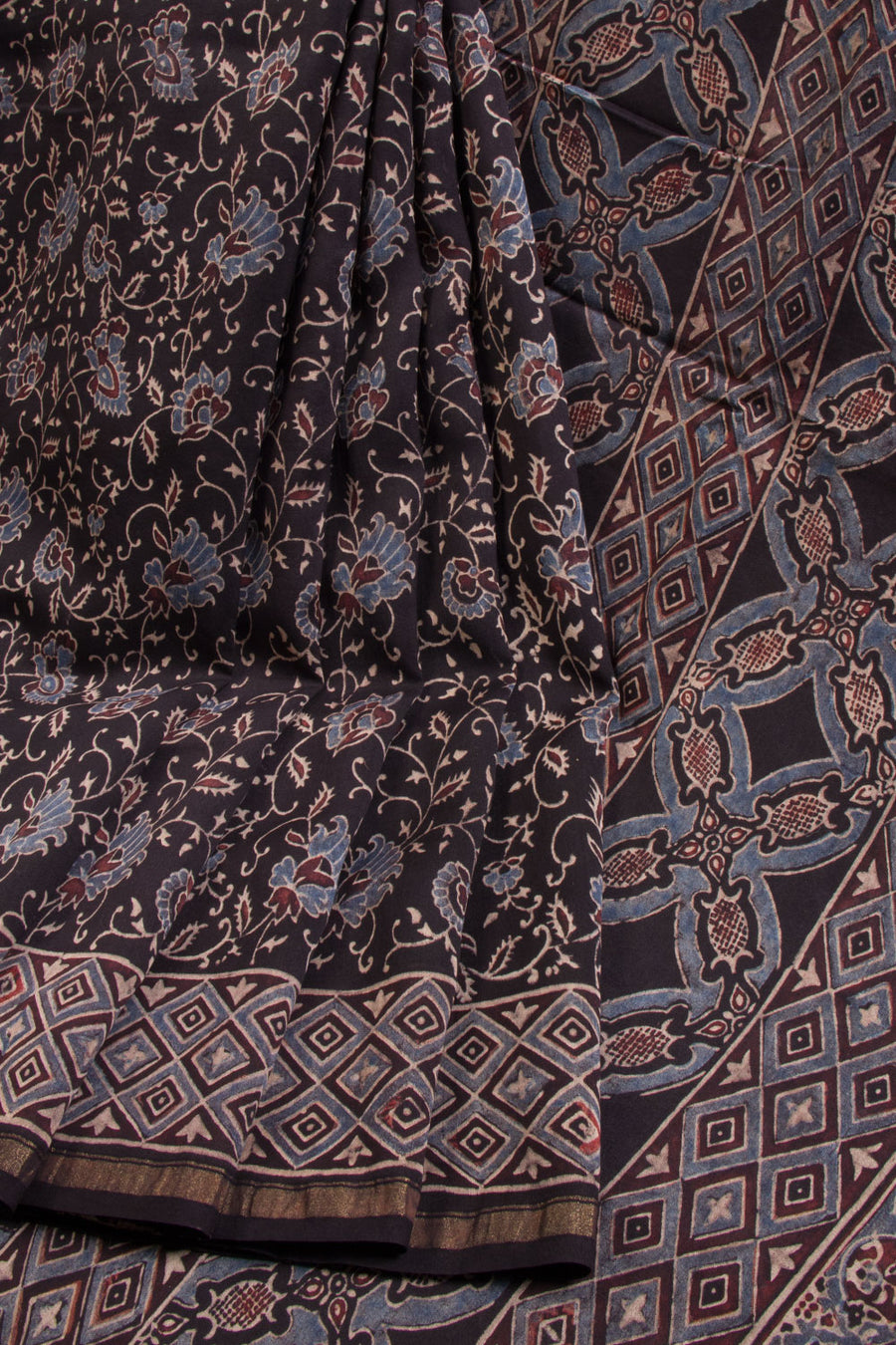 Black Ajrakh Printed Silk Cotton Saree -Avishya