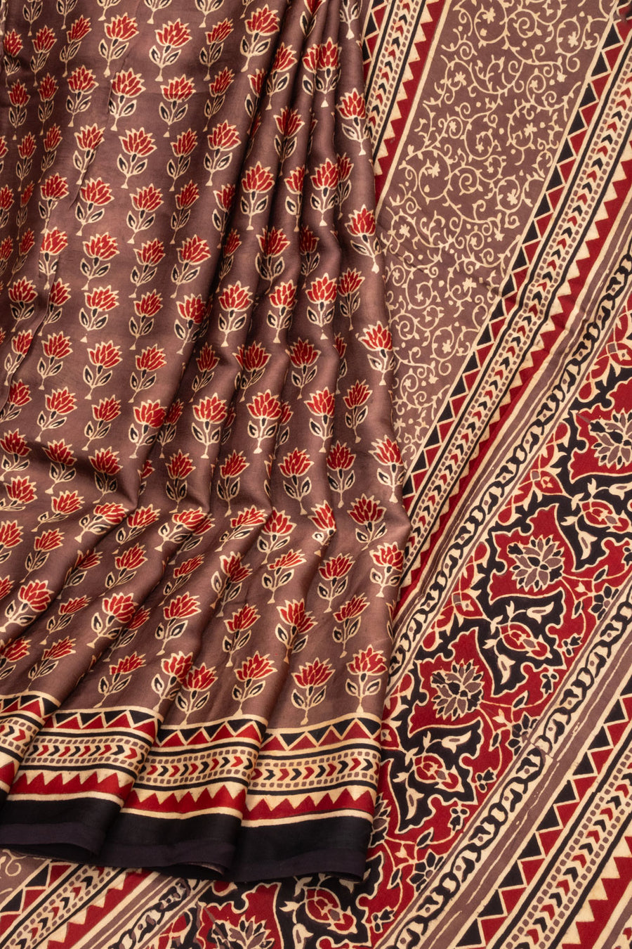 Brown Ajrakh Printed Modal Silk Saree - Avishya