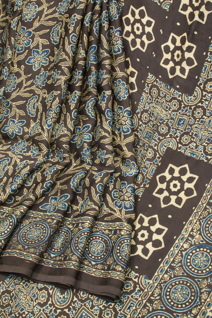 Black Ajrakh Printed Modal Silk Saree - Avishya