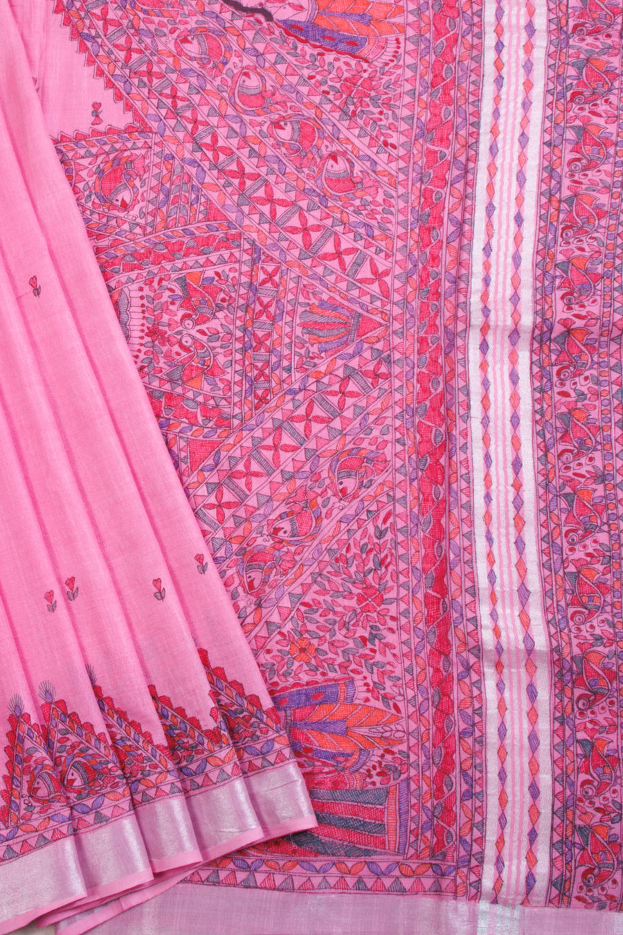Pink Hand Printed Madhubani Linen Saree - Avishya