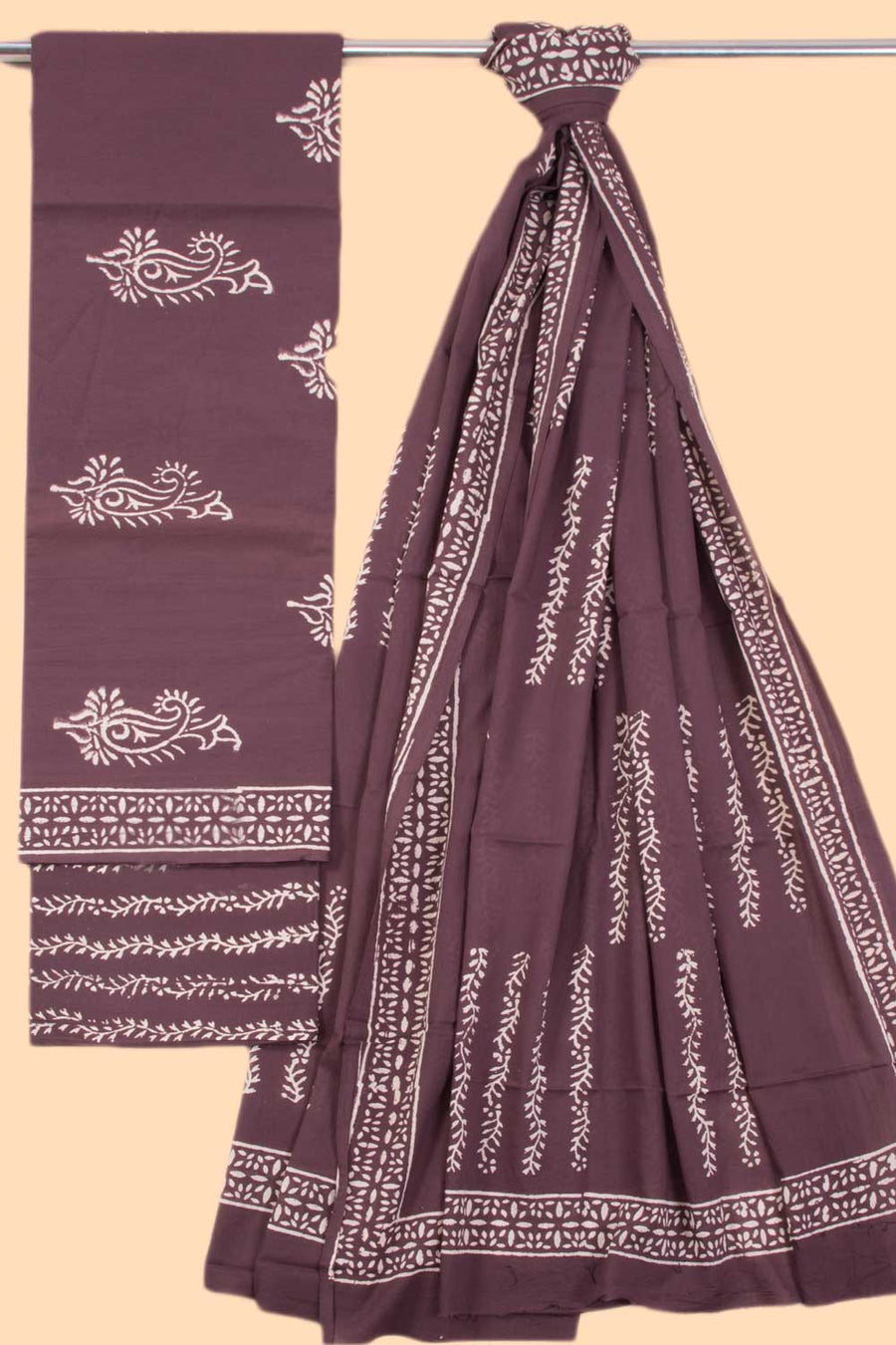 Brown 3-Piece Mulmul Cotton Salwar Suit Material 10068605