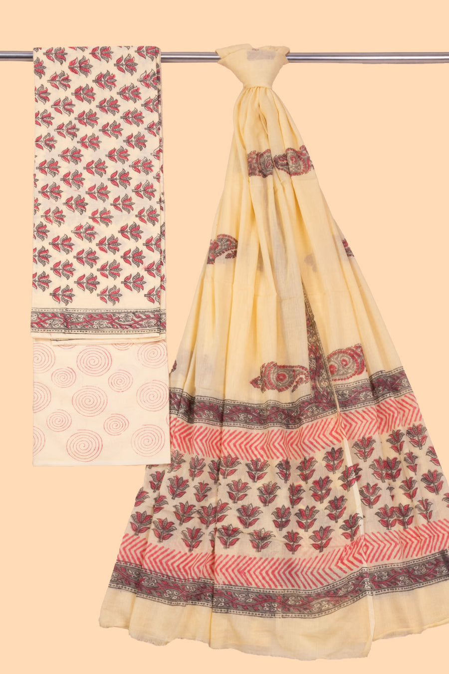 Cream 3-Piece Mulmul Cotton Salwar Suit Material 10068607 - Avishya
