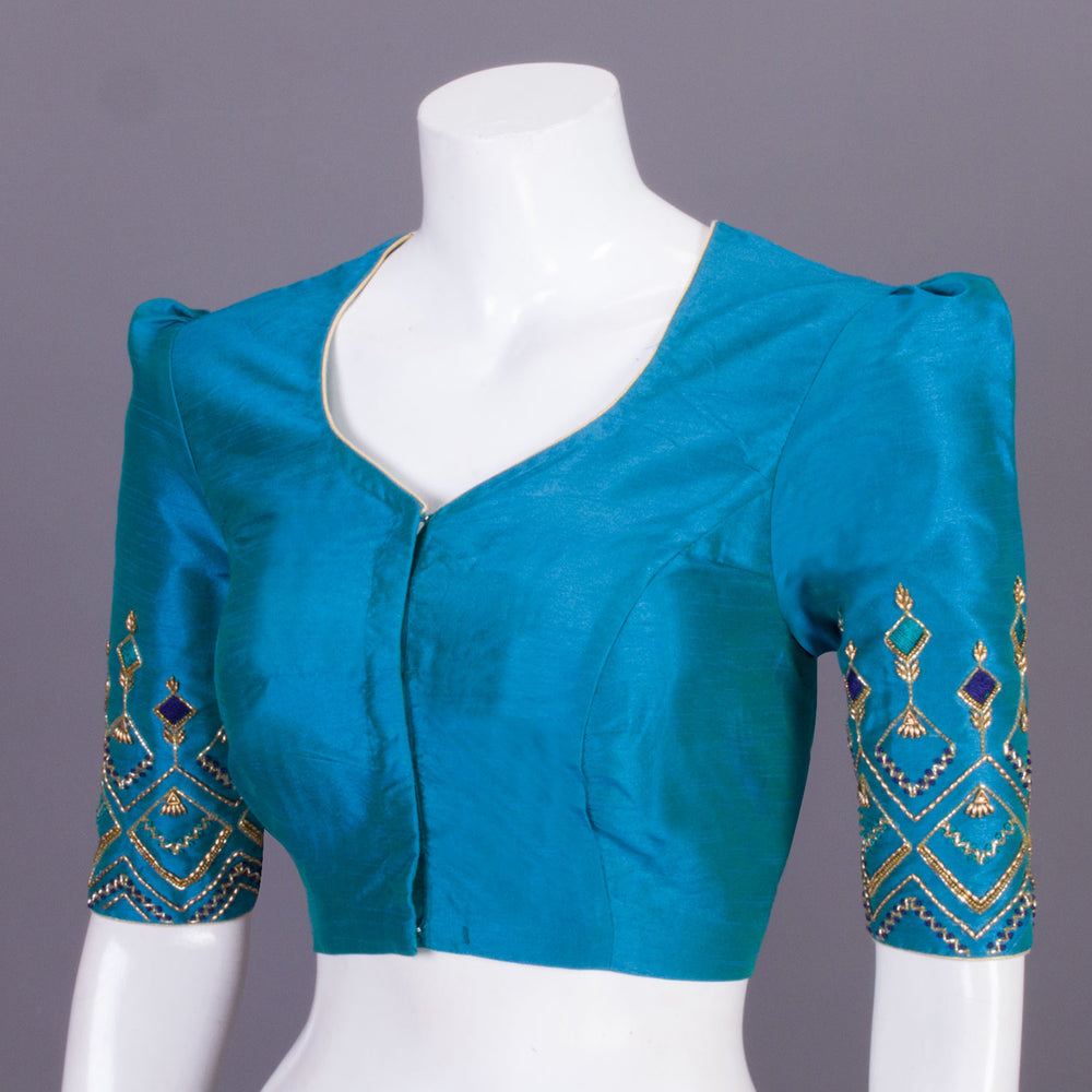 Blue Aari Embroidered Tussar Silk Blouse 10068917 - Avishya