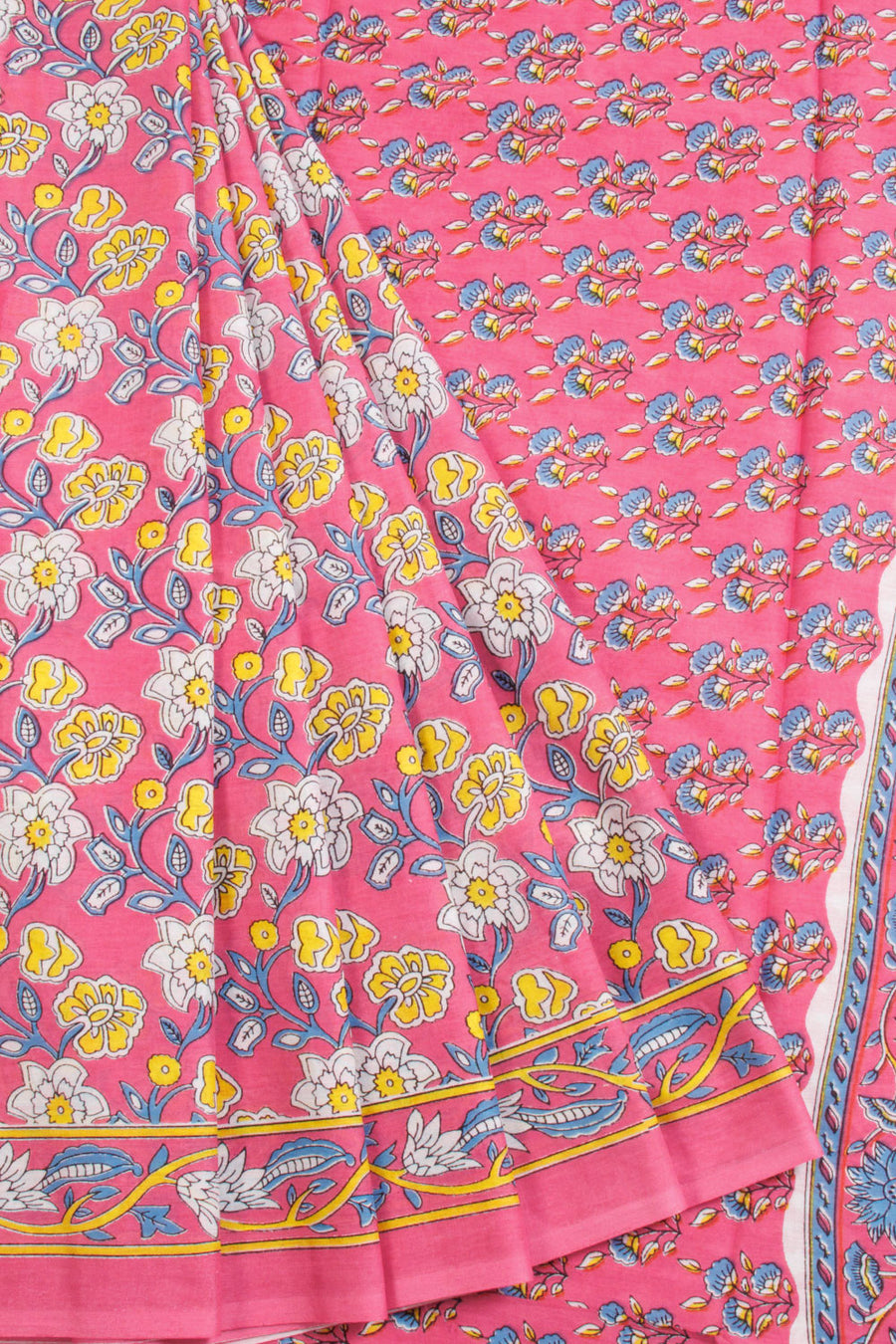 Pink Hand Block Printed Cotton Saree 10069069 - Avishya