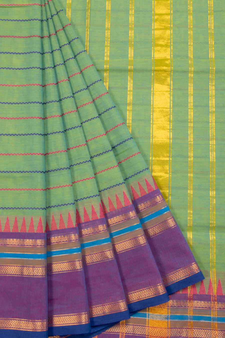 Dual Tone Green Handwoven Kanchi Cotton Saree 10069316 - Avishya