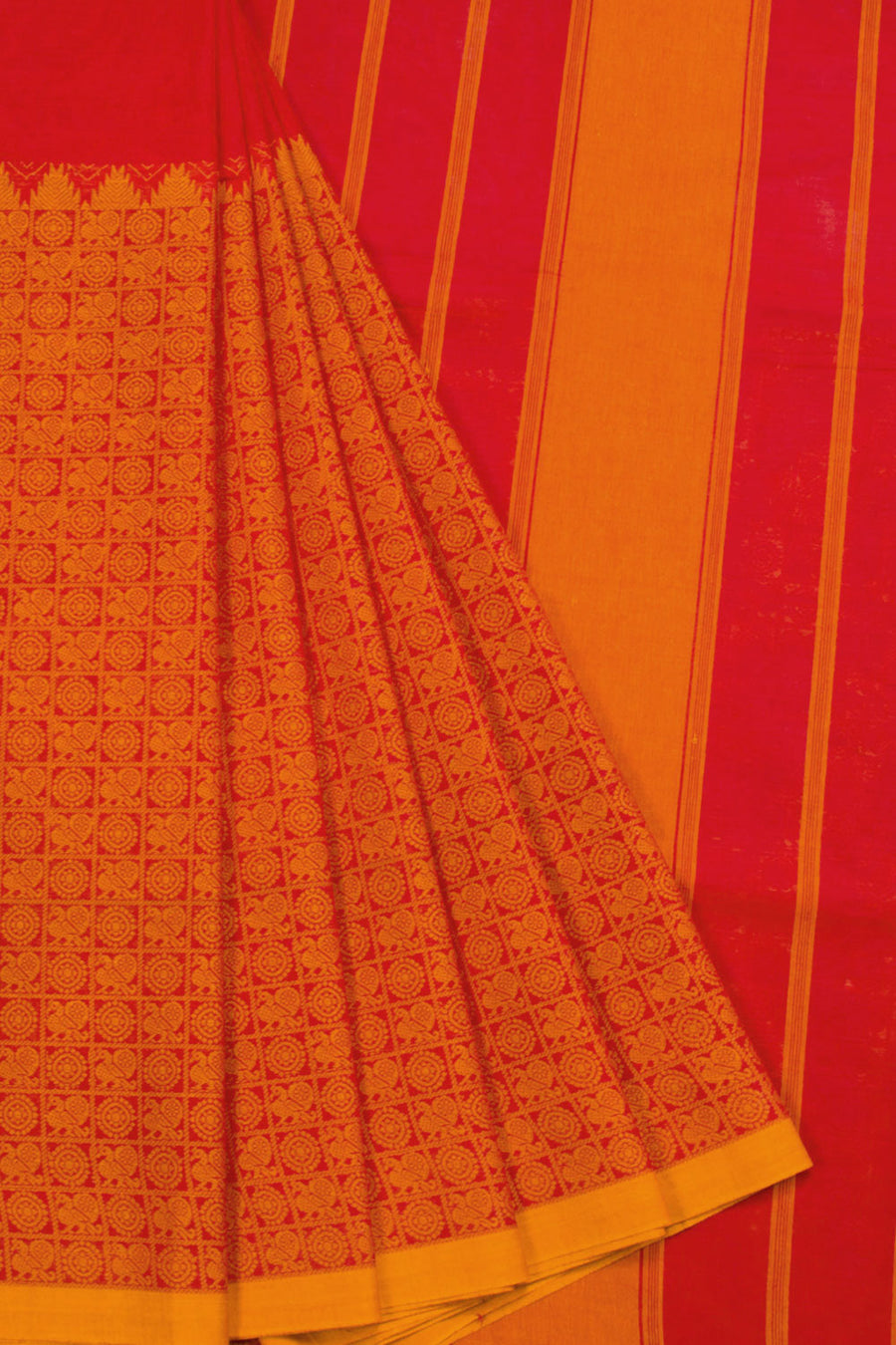 Red Half And Half Handwoven Kanchi Cotton Saree 10069321 - Avishya