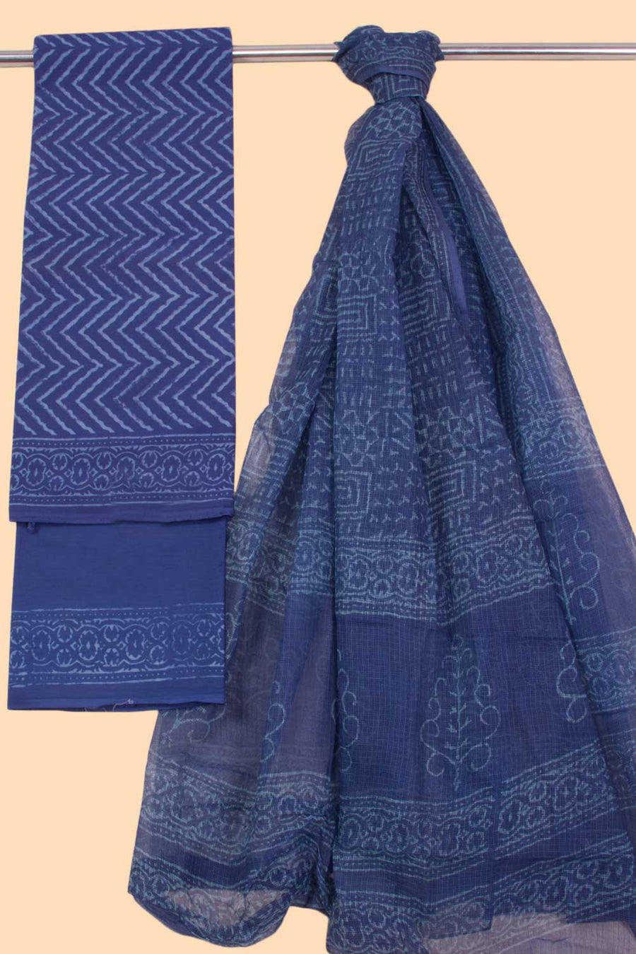 Navy Blue 3-Piece Mulmul Cotton Salwar Suit Material With Kota Dupatta 10070101
