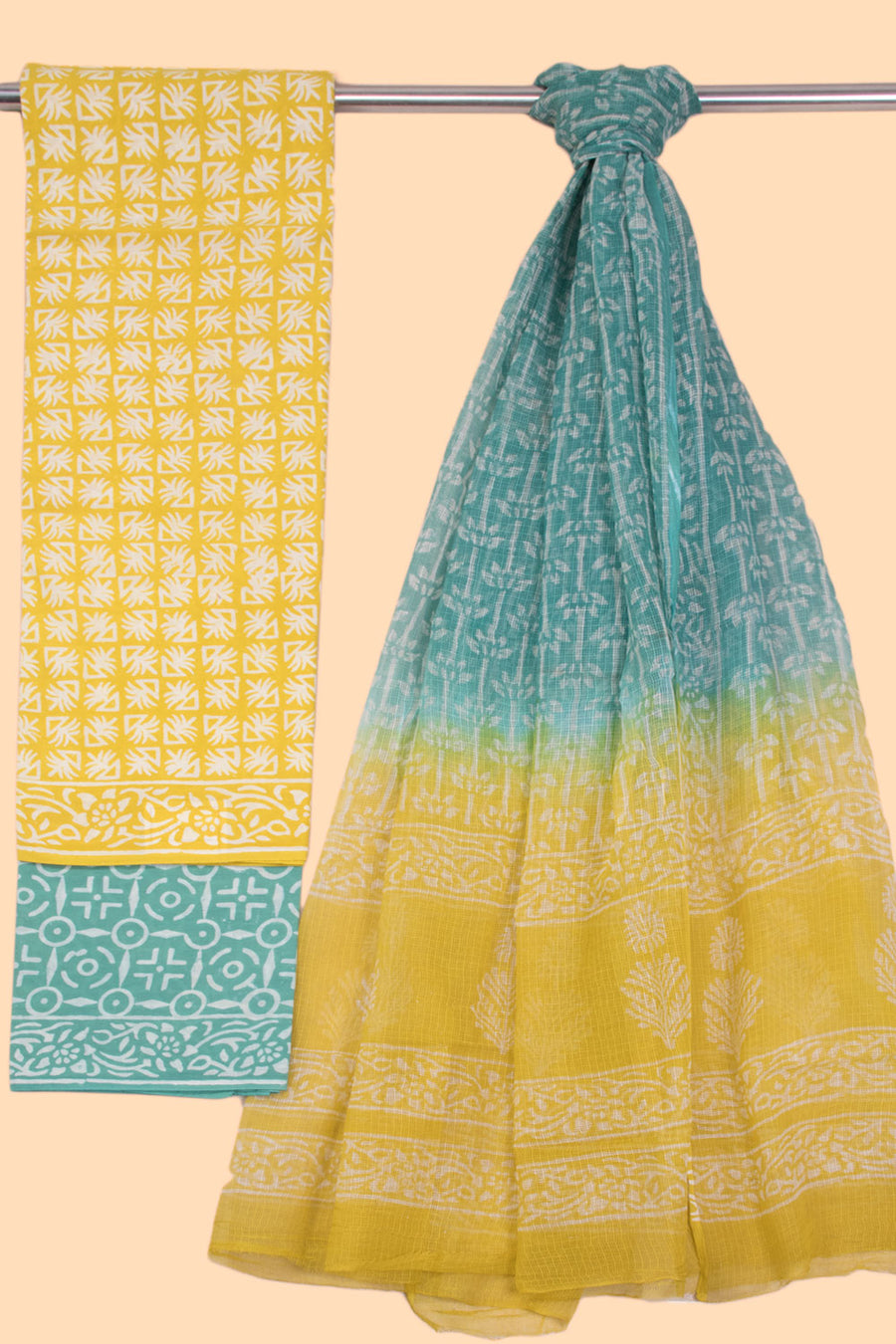 Yellow 3-Piece Cotton Salwar Suit Material With Kota Dupatta 10070106