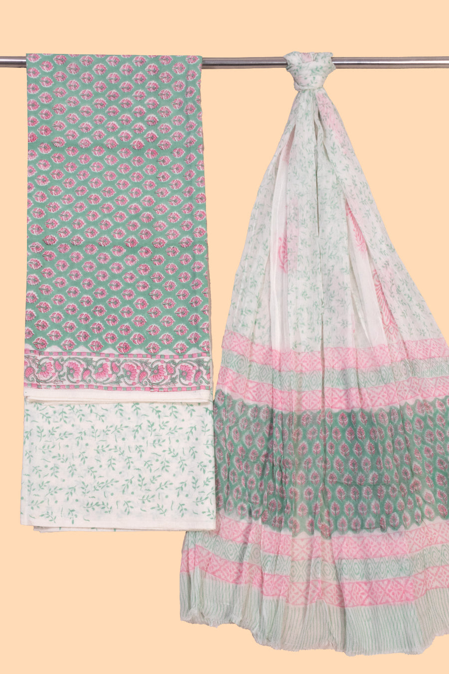 Fern Green 3-Piece Cotton Salwar Suit Material With Chiffon Dupatta 10070115