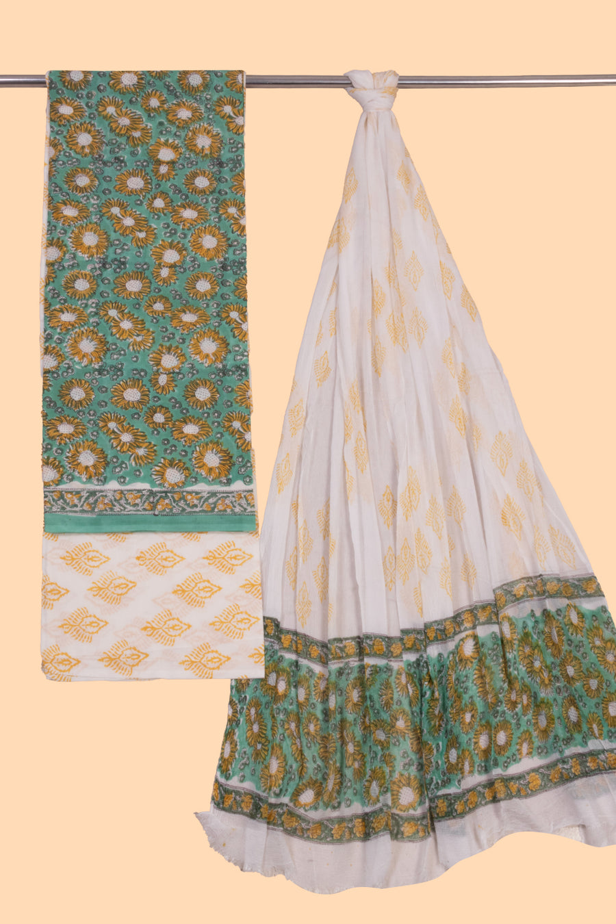 Sea Green 3-Piece Cotton Salwar Suit Material With Chiffon Dupatta 10070130