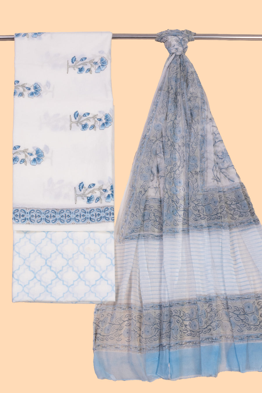 White 3-Piece Cotton Salwar Suit Material With Chiffon Dupatta 10070134