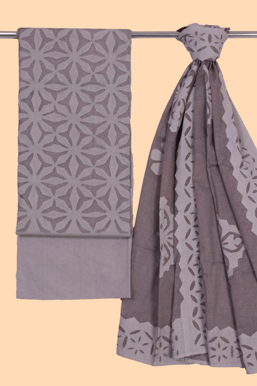Grey Barmer Applique Embroidered Cotton 3 Piece Salwar Suit Material 10070147