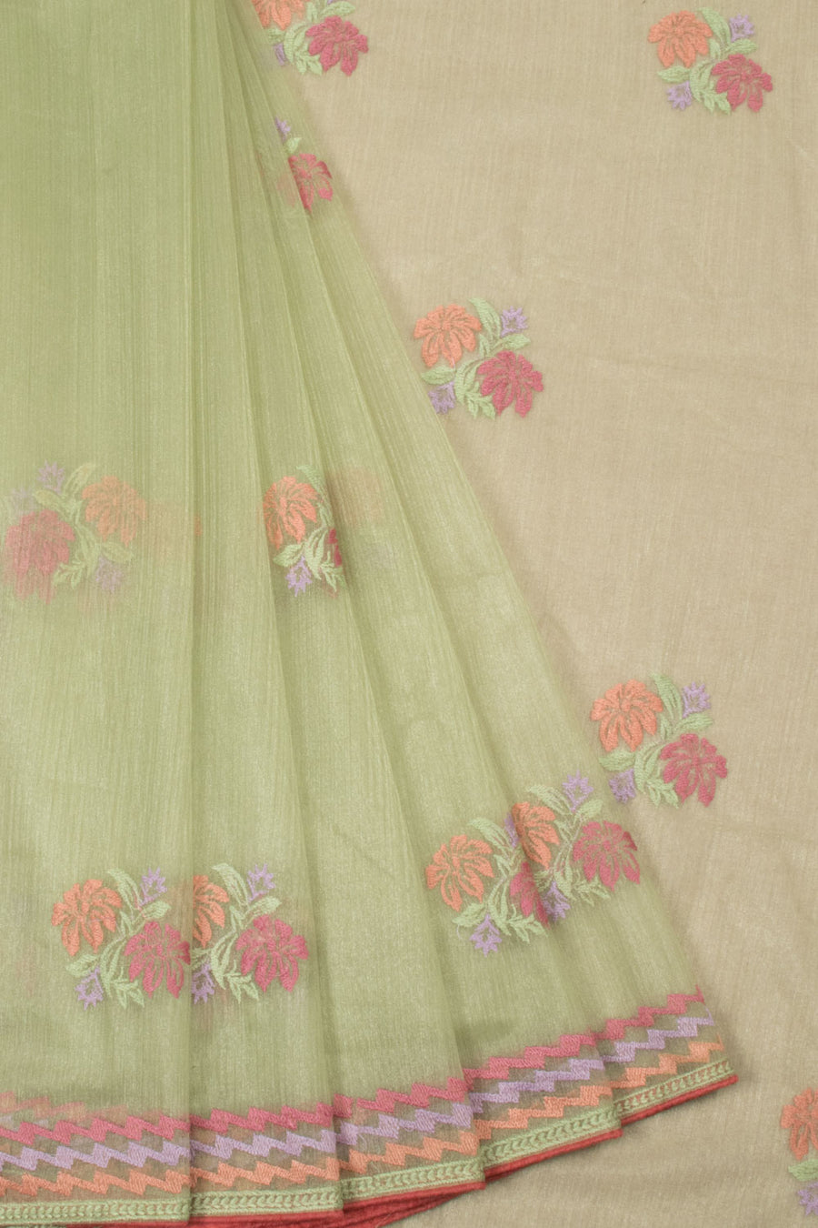 Green Hand Embroidered Chinon Silk Saree - Avishya