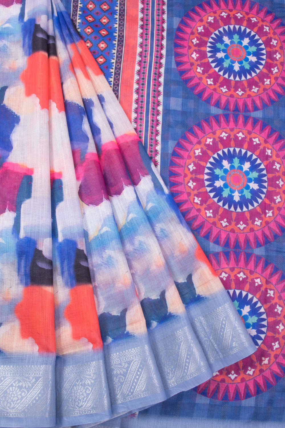 Designer Off White Floral Printed Linen Silk Saree ND05