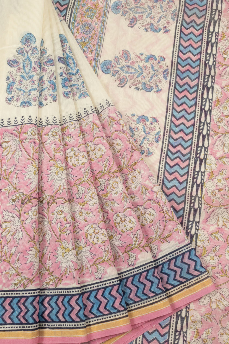 Off White Printed Handloom Chanderi Silk Cotton Saree - Avishya 