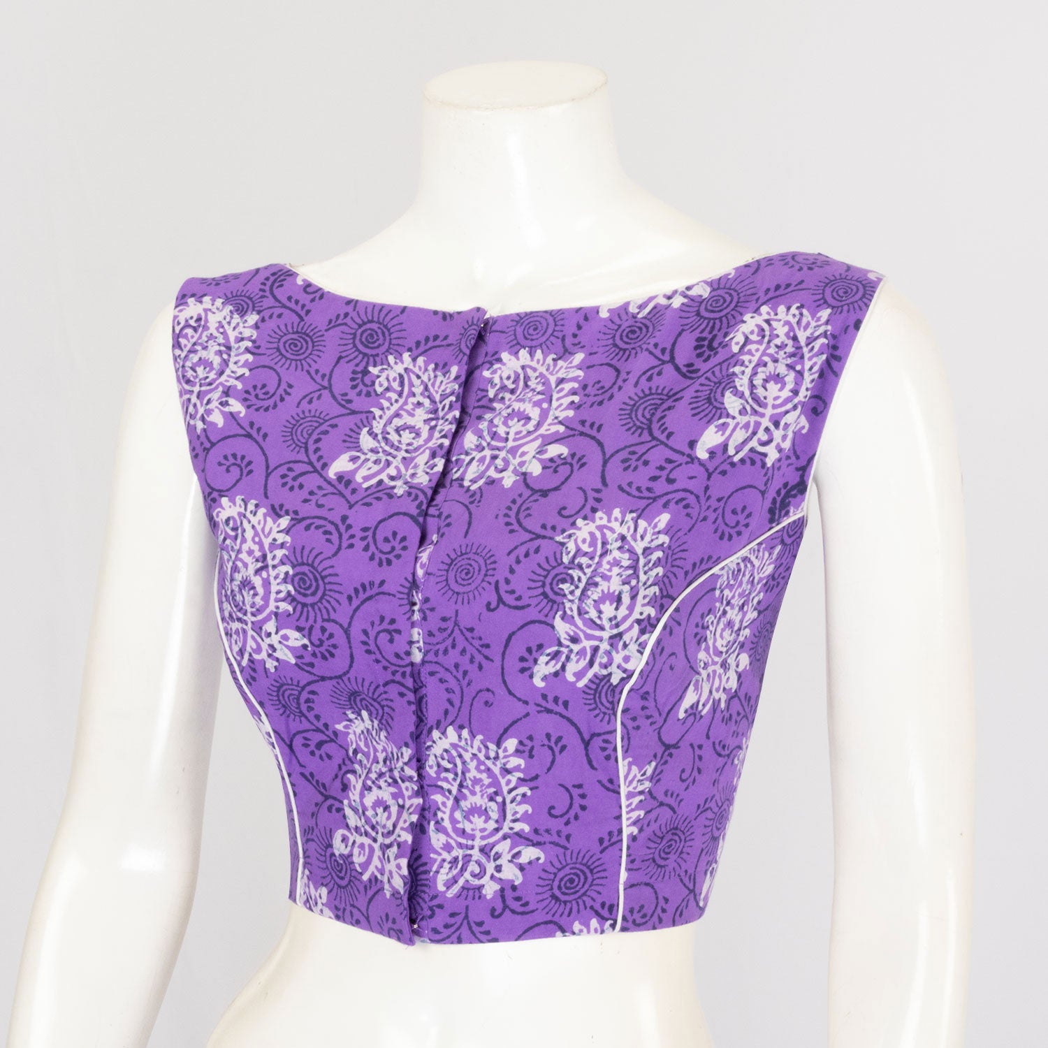 Purple - Kutch Block Printed Modal Silk Blouse Piece with Lace Work 10