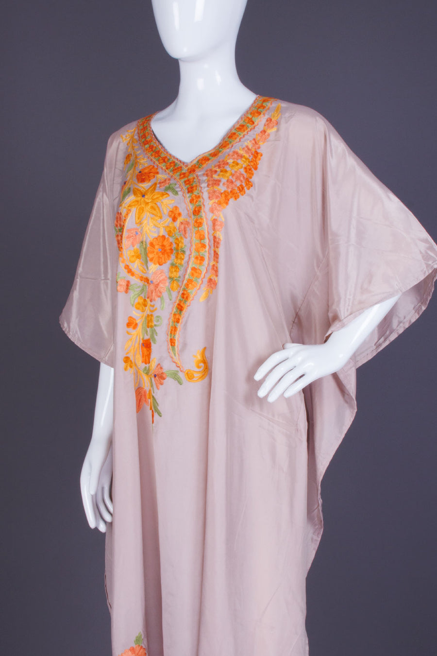 Beige Sozni Embroidered Crepe Silk Kaftan - Avishya