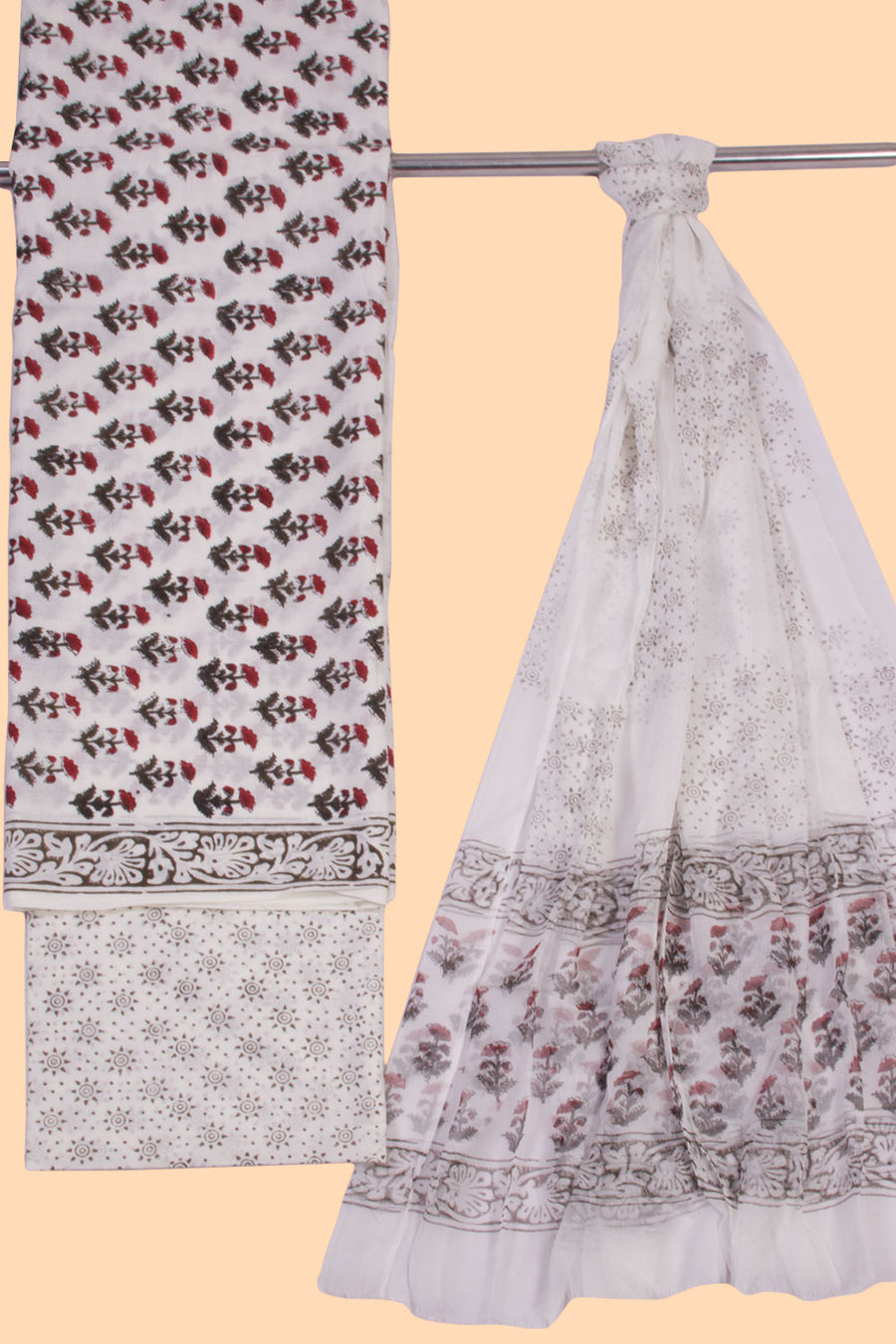 White 3-Piece Cotton Salwar Suit Material With Chiffon Dupatta 10070123