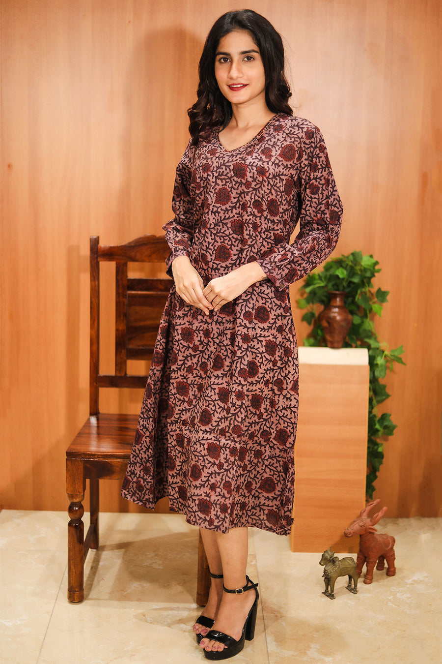 Rustic Maroon Hand Embroidered Cotton Dress